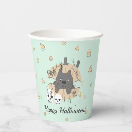 Kat in pompoen Candy Corn Kinder Halloween Papieren Bekers (Voorkant)