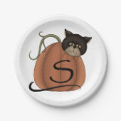 Kat in pompoen papieren bordje (Voorkant)