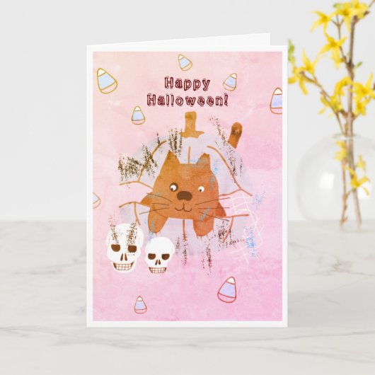 Kat in pompoen, snoep, schedel, Kind Halloween Kaart (Gele Bloem)