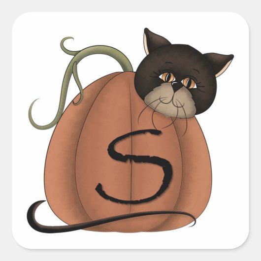 Kat in pompoen vierkante sticker (Voorkant)