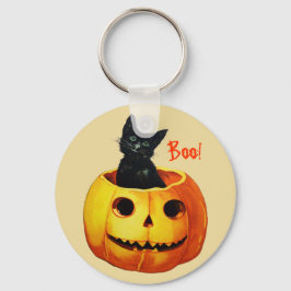 Kat in pompoen vintage Halloween-sleutelhanger Sleutelhanger