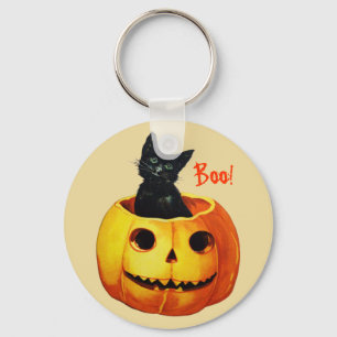 Kat in pompoen vintage Halloween-sleutelhanger Sleutelhanger