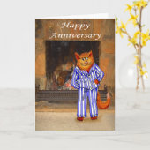 Kat in pyjama, blij Jubileum Kaart (Gele Bloem)