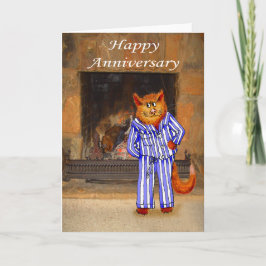 Kat in pyjama, blij Jubileum Kaart
