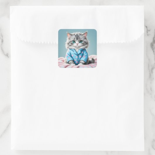 Kat in pyjama vierkante sticker (Tas)