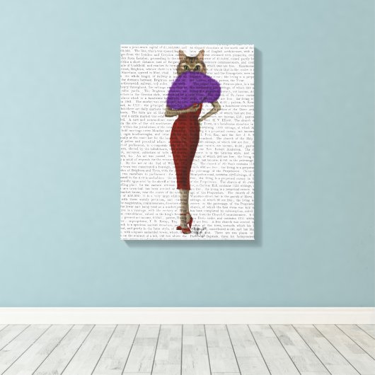 Kat in rode dress canvas afdruk (Insitu (Houten vloer))