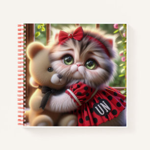 Kat in rode jurk met teddybeer   notitieboek