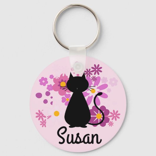 Kat in roze bloemen - sleutelring sleutelhanger (Voorkant)