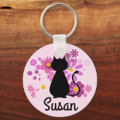 Kat in roze bloemen - sleutelring sleutelhanger (Voorkant)