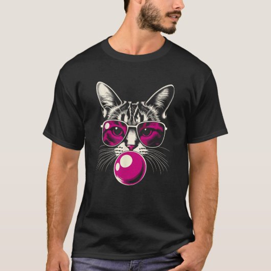 Kat in Roze Brillen Roze Bubbel Mannen Vrouwen Kin T-shirt (Voorkant)