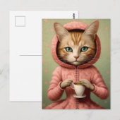 Kat in roze jas met een koffie briefkaart (Voorkant / Achterkant)