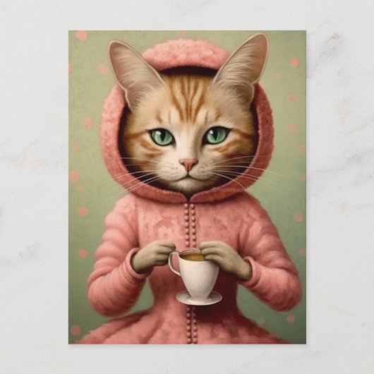 Kat in roze jas met een koffie briefkaart (Voorkant)