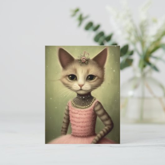 Kat in Roze Jurk Schattig Briefkaart (Staand voorkant)