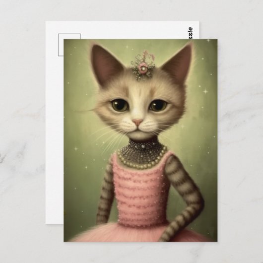Kat in Roze Jurk Schattig Briefkaart (Voorkant / Achterkant)
