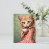 Kat in Roze Met een Koffie Briefkaart (Staand voorkant)