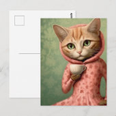 Kat in Roze Met een Koffie Briefkaart (Voorkant / Achterkant)