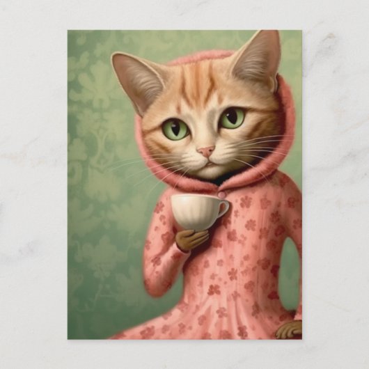 Kat in Roze Met een Koffie Briefkaart (Voorkant)