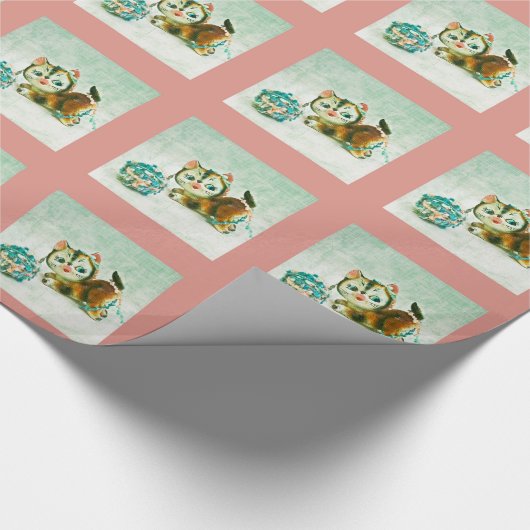  kat in roze plaid cadeaupapier (Hoek)