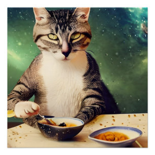 Kat in ruimte Eating AI Generated Art Perfect Poster