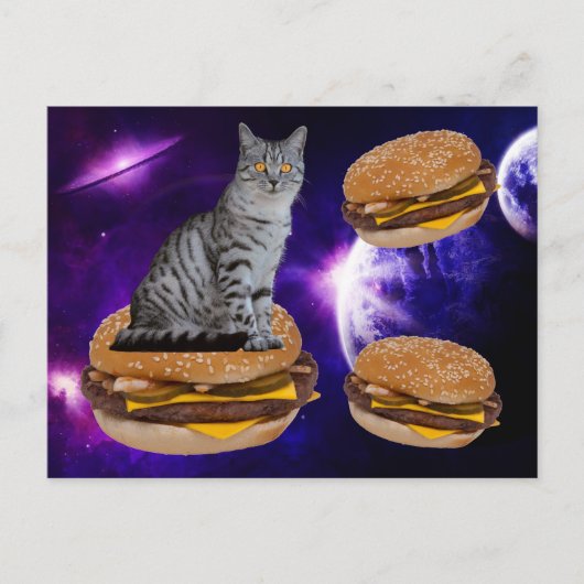 KAT IN RUIMTE MET HET BRIEFKAART CHEESEBURGERS (Voorkant)