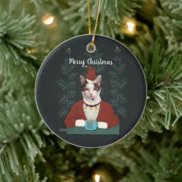 Kat in Santa-kleren kerstkaart Keramisch Ornament
