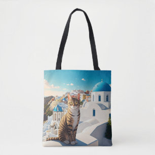 Kat in Santorini Griekenland Cycladen Reizen Tote Bag