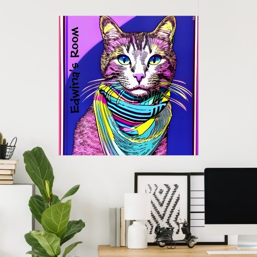 Kat in Scarf. Editable name/text Poster (Thuiskantoor)