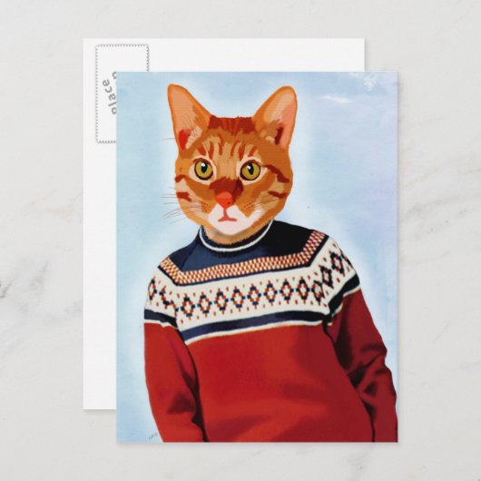Kat in Ski Sweater Briefkaart (Voorkant / Achterkant)