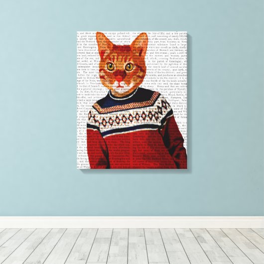 Kat in Ski Sweater Canvas Afdruk (Insitu (Houten vloer))