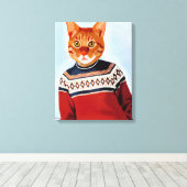 Kat in Ski Sweater Canvas Afdruk (Insitu (Houten vloer))