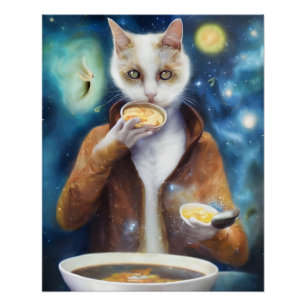 Kat in springpak die soep eet gemaakt van sterrens perfect poster