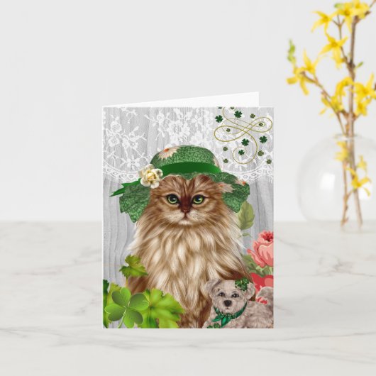 Kat in St. Patrick van het Pet Dag Notecard Kaart (Gele Bloem)