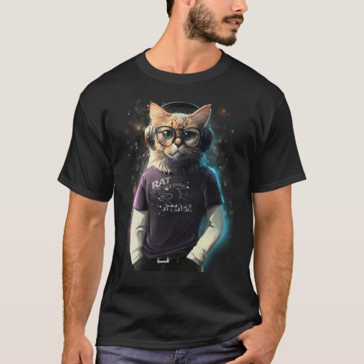 Kat in t-shirt, hoofdtelefoon en bril t-shirt (Voorkant)