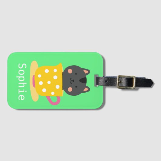 Kat in teacup-cartoon op munt bagagelabel (Voorkant (horizontaal))