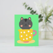 Kat in teacup-cartoon op munt briefkaart (Staand voorkant)
