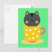 Kat in teacup-cartoon op munt briefkaart (Voorkant / Achterkant)