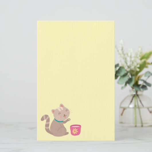 Kat in teacup-cartoon op munt briefpapier (Staand voorkant)