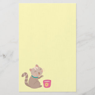 Kat in teacup-cartoon op munt briefpapier