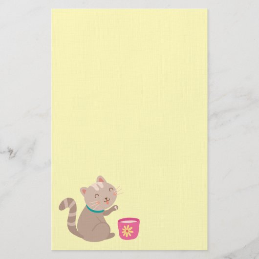 Kat in teacup-cartoon op munt briefpapier (Voorkant)