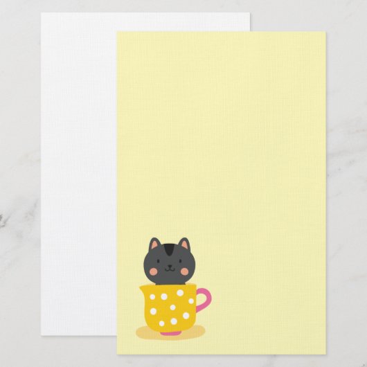 Kat in teacup-cartoon op munt briefpapier (Voorkant / Achterkant)