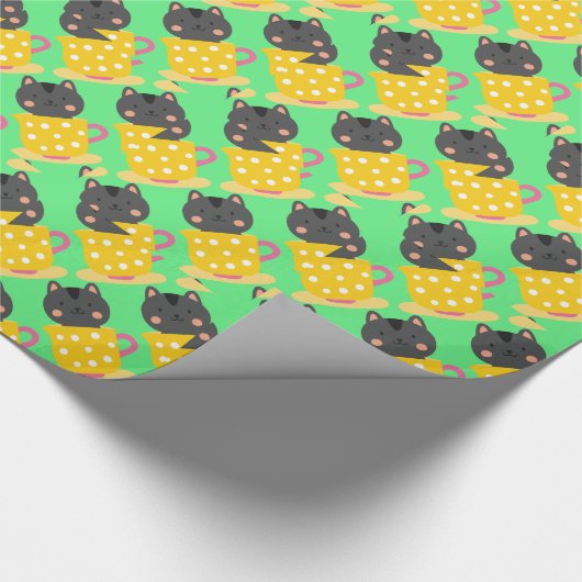 Kat in teacup-cartoon op munt cadeaupapier (Hoek)