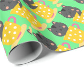 Kat in teacup-cartoon op munt cadeaupapier (Rol Hoek)