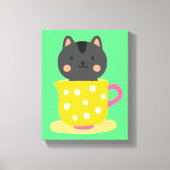 Kat in teacup-cartoon op munt canvas afdruk (Voorkant)