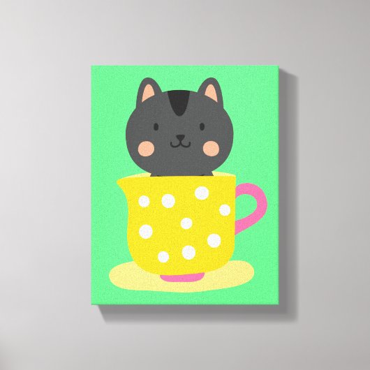 Kat in teacup-cartoon op munt canvas afdruk (Voorkant)