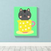 Kat in teacup-cartoon op munt canvas afdruk (Insitu (Houten vloer))