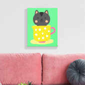 Kat in teacup-cartoon op munt canvas afdruk (Insitu (Woonkamer))