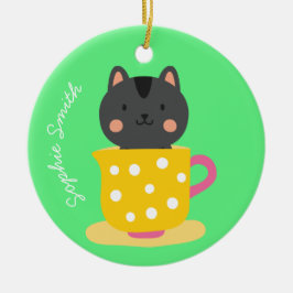 Kat in teacup-cartoon op munt keramisch ornament