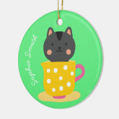 Kat in teacup-cartoon op munt keramisch ornament (Links)