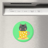 Kat in teacup-cartoon op munt magneet (Insitu (Vaatwasser))