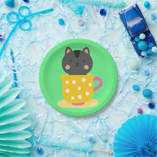 Kat in teacup-cartoon op munt papieren bordje (Feest)